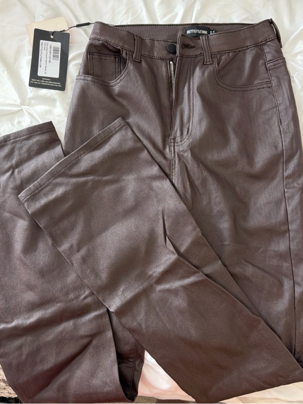 PrettyLittleThing Slim Straight Faux-Leather Pants in Brown